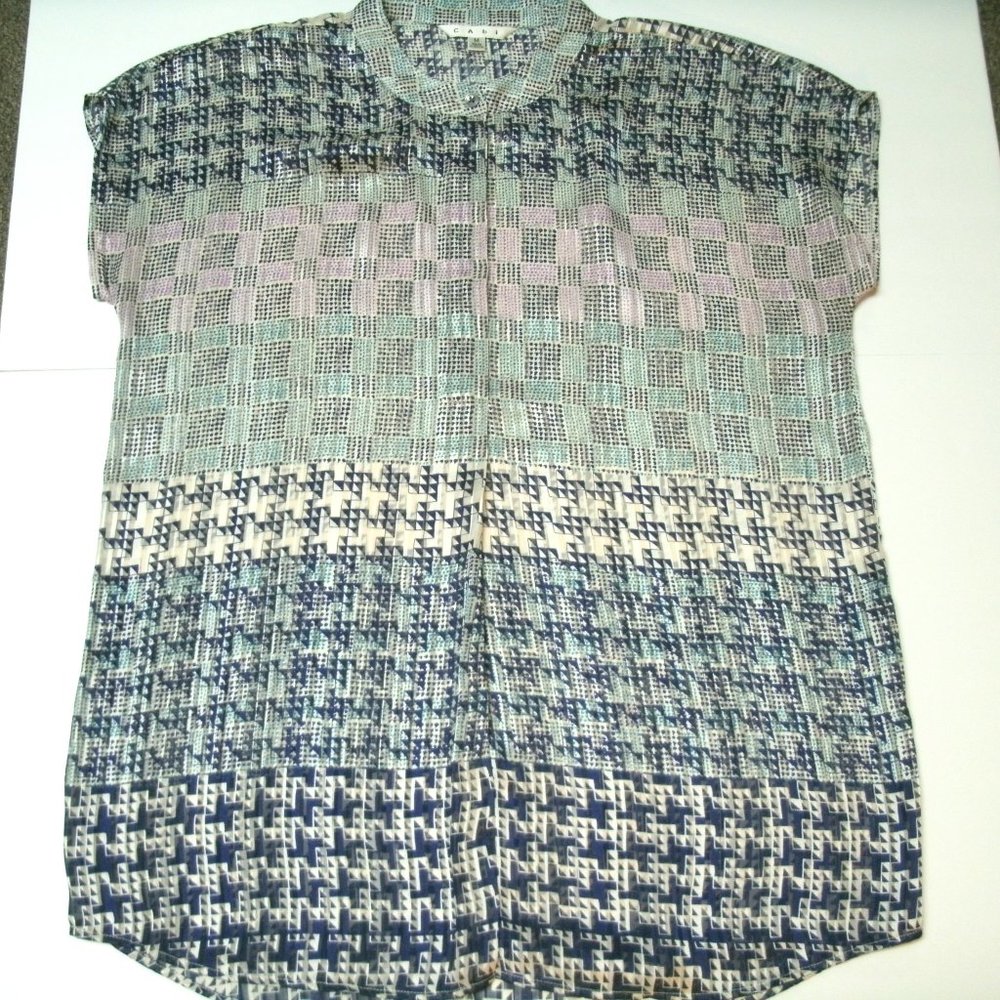 Cabi Blouse Popover Blue Purple Astor Style 735 Geometric Cap Sleeve Medium